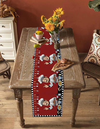 Red Chef Gourmet Cotton Linen Table Runner for Dining Kitchen, Wedding Outdoor Party Tablerunners Decoration, Black White Check Plaid Funny Kitchen Dresser Scarf Coffee Tablecloth Runners 13x90 Inches