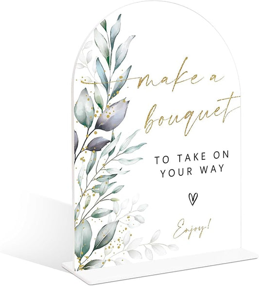 Acrylic Wedding Signs, Greenery Theme Make a Bouquet Sign, Wedding Reception Signage, Bridal Shower Table Decor with Stand, Engagement, Anniversary, Newlywed Events and Parties Supplies, 02