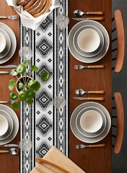 Aztec Southwest Cotton Linen Table Runner for Dining Kitchen, Wedding Outdoor Party Tablerunners Decoration, Boho Ethnic Tribes Vintage Grey Dresser Scarf Coffee Tablecloth Runners 13x36 Inches