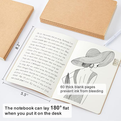 feela 8 Pack Unlined Kraft Paper Notebooks, Blank Journal Note Pad for Drawing Writing, Small Sketchbook Travel Journal Bulk for Women Kids Students Office School Supplies, A5, 60 Pages, 8.3” X 5.5”