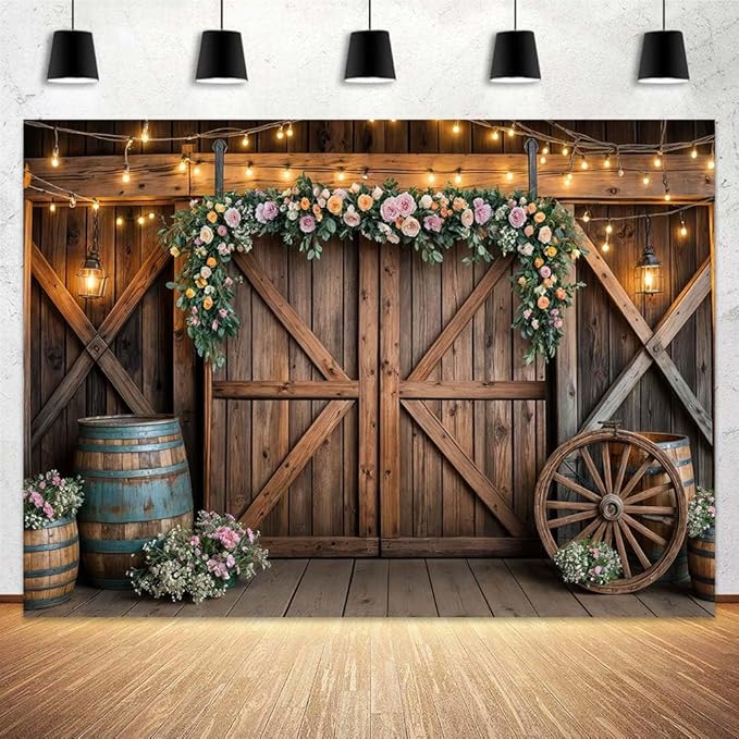 10x8ft Country Wedding Photography Backdrop Rustic Barn Door Photography Backdrop Farmhouse Pink Flower Cabin Wooden Birthday Baby Shower Wedding Bridal Party Banner Photo Booth Props Background