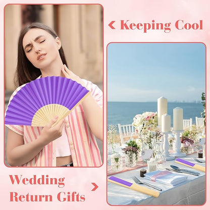 12 Pieces Purple Hand Held Bamboo Folding Fans Paper Fans Handheld for Women Foldable Girls Wedding DIY Decoration Church Home Party Favors Summer