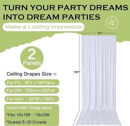 PartyVillage 10ft×15ft White Backdrop Curtain for Wedding Parties, 2 Panels Wrinkle Free 15 FT Long Polyester Photo Backdrop Drapes Back Drop Cloth for Birthday Photography Background