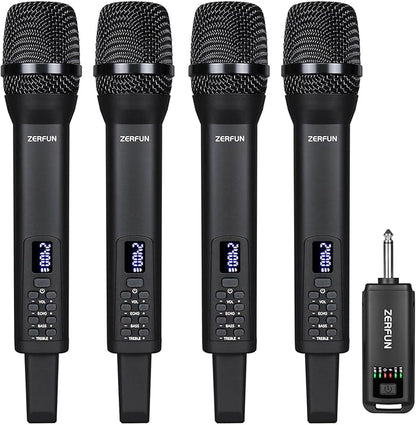 Rechargeable Wireless Microphones 4, Pro Handheld Cordless Mics System Dynamic with Echo Treble BASS VOL Control for Karaoke Singing Church Party, 1/4'' Output, D240, Black