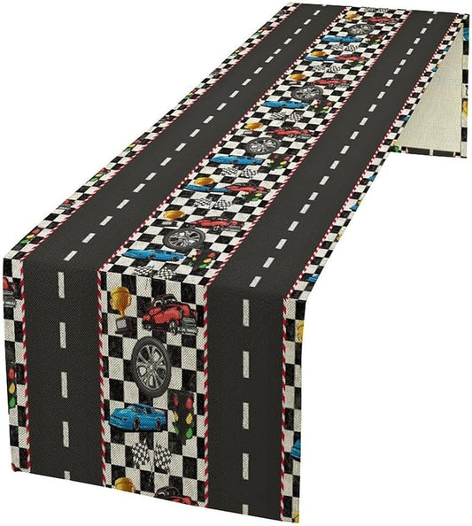 Race Car Table Runner,Checkered Flag Black and White Race Cars Pattern Print Tablecloth Burlap for Hotel Indoors Outdoor Dining Room Kitchen Home Decor,W13X L70 in