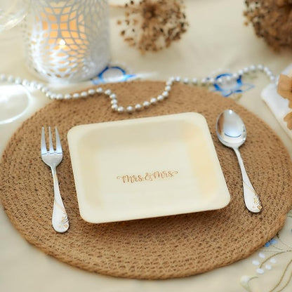 Mrs. and Mrs. Disposable Wedding Plates – Rustic, Compostable Alternative to Plastic Plates for Wedding Receptions, Engagement Parties, and Rehearsal Dinners (Appetizer, 50-Pack)
