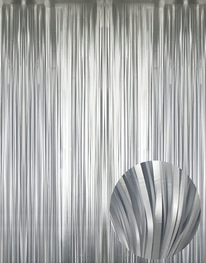 GOER 3.2 ft x 8.2 ft Metallic Tinsel Foil Fringe Curtains,Party Streamer Backdrop for Birthday,Graduation Decorations and New Year Eve (2 Pcs,Matte Silver,Thick Material)