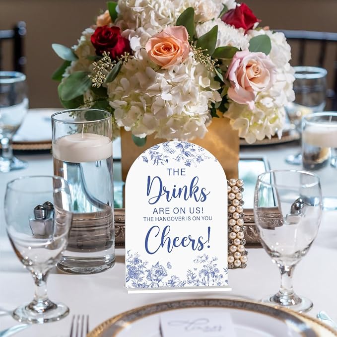 Acrylic Wedding Signs, Dusty Blue Wedding Decor, Blue Weddings Decor, The Drinks Signs for Reception, Modern Calligraphy Arch Acrylic Table Top Sign for Weddings Parties Dinners (White)
