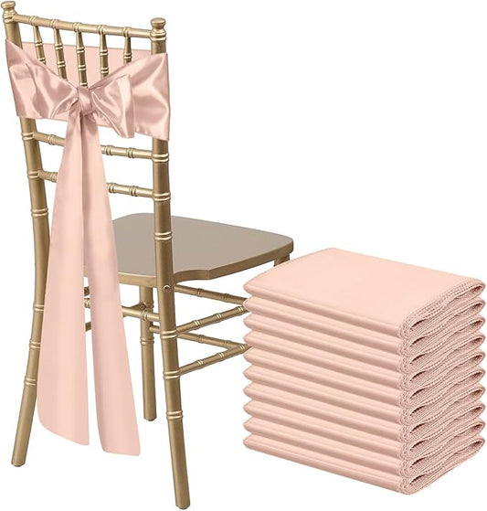 10 PCS Blush Pink Satin Chair Sashes Bows Universal Chair Ribbon Ties Back Sash for Wedding Party Reception Events Banquets Hotel Event Chair Cover Decoration (7x108 inch)