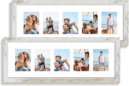8x24 Picture Frame 2 Pack, Distressed White Wood Frame with Tempered Glass, Display Pictures Multiple Five 4x6 With Mat or 8 x 24 Without Mat - Horizontal or Vertical Wall Mounting