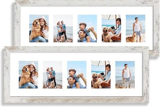 8x24 Picture Frame 2 Pack, Distressed White Wood Frame with Tempered Glass, Display Pictures Multiple Five 4x6 With Mat or 8 x 24 Without Mat - Horizontal or Vertical Wall Mounting