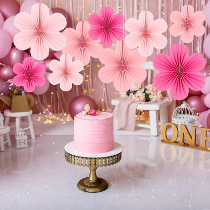 Easy Joy Hot Pink Paper Flowers Decorations for Wall Pink Paper Fans Classroom Decoration Paper Floral Backdrop Decor Paper Fans Decoration Hanging Paper Fans Pink Flower Wall Decor, Set of 9