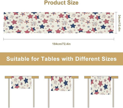 4th of July Table Runner, American Patriotic Independence Day Red Blue White Stars Stripes Fireworks Print Table Runner for Home Party Decor Kitchen Dining Table, 13x70inch