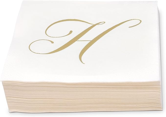 Gift Boutique 100 Gold Monogram Cocktail Napkins Letter H Disposable Paper Pack Elegant Metallic Golden Foil Hand Napkin for Powder Room Wedding Holiday Birthday Party Baby Shower Decorative Towels