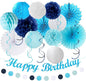 Light-Royal Blue White Birthday Party-decorations - 21pcs Boys Men Ocean Happy Banner,Navy Dusty Paper Streamers Lanterns Honeycomb,tissue Pom Poms Fan,Nautical Adult Garland Supplies Decor Huglony