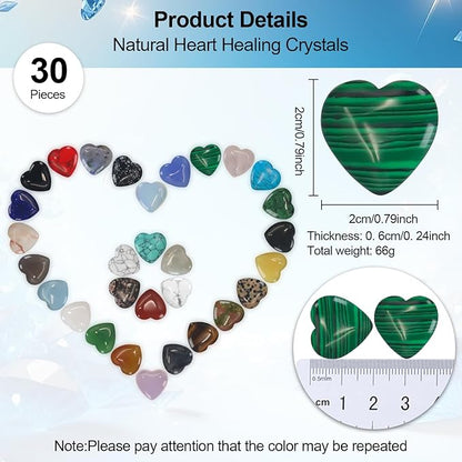 Healing Crystals,Virekm 30PCS Heart Healing Crystals Amethyst Heart Love Stones Set Palm Thumb Gemstones Chakra Reiki Balancing Gifts for Men Women (Colorful - 30 PCS)