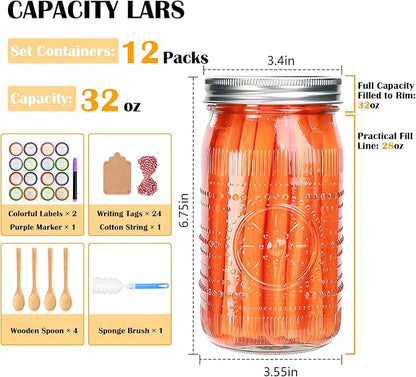 Encheng 12 Pack 32oz Wide Mouth Mason Jars with Lids and Bands,Clear Glass Canning Jars for Fermenting,Preserving,Quart Size Large Mason Jars for Jam,Pickling,Meal Prep,DIY Crafts
