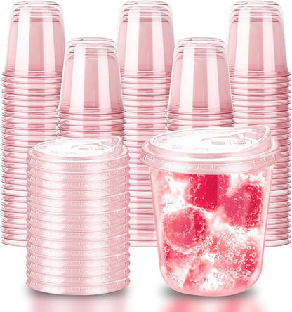 12oz Disposable Stemless Glasses With Strawless Sip Lids,PET Disposable Drinking Cups,Clear Plastic Wine Glasses for Parties Birthday,Wedding,Meeting,Christmas Party Supplies. (100, Pink)