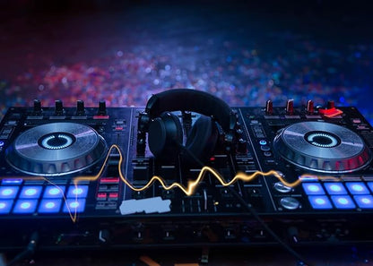CORFOTO 5x3ft Fabric Dj Mixer with Headphones Backdrop Photography Dj Sound Equipment in Dark Background Musical Dance Disco Party Decorations Live Concert Stage Photoshoot Booth Studio Props