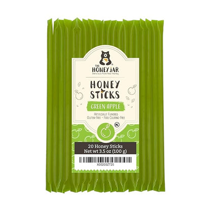The Honey Jar Green Apple Flavored Honey Sticks - Pure Honey Straws For Tea, Coffee, or a Healthy Treat - One Teaspoon of Flavored Honey Per Stick - Made In The USA with Real Honey - (20 Count)