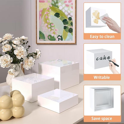 Buffet Risers, Food Display Risers for Party, White Acrylic Risers Display Stand for Buffet Table, Catering Displays for Dessert, Cube Box Nesting Riser with Hollow Bottoms (8"x9"x10" 3PCS)