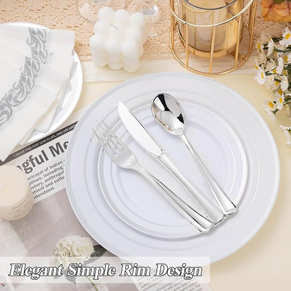 100PCS Silver Plastic Plates Set, 50 10.25 inch Dinner Plate and 50 7.5 inch Dessert Plates, Premium Disposable Plates for Party, Wedding