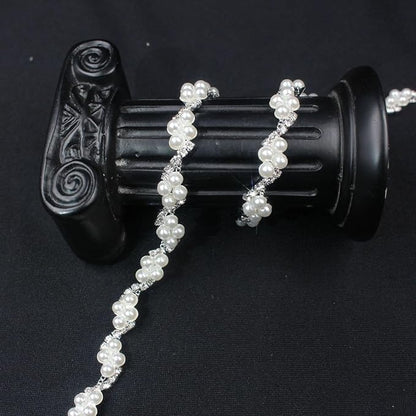 PEARLY JUN 1 Yard Pearl Rhinestone Trim Chain Silver Crystal Fringe Diamond Applique Ribbon String Tassel Strip for Sewing Wedding Dress Crafting Crafts Flower Embellishments