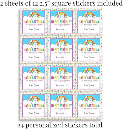 Custom & Personalized Rainbow Unicorn Happy Birthday Gift Tag Sticker Labels, 24 2.5" Square Stickers by Amanda Creation