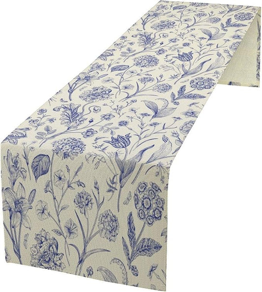 Monochrome Sketch Flowers Table Runner, Seasonal Spring Fall Plants Blue Florals Dinner Runner for Home Kitchen Dining Table Party Holiday Decoration 13"x108"
