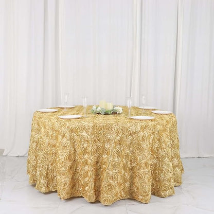 Efavormart 120" Wholesale Round Table Cover Champagne Grandiose Rosette 3D Satin Tablecloth for Wedding Party Event Decoration