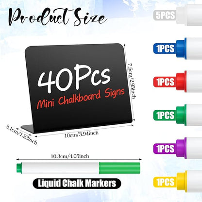 40 Pack 4"x3" Mini Chalkboard Signs for Food, Reusable and Reserved Small L-Shaped Food Labels for Party Buffet, Easy to Write and Wipe Out, Message Board Signs, Weddings, Birthday, Bakery