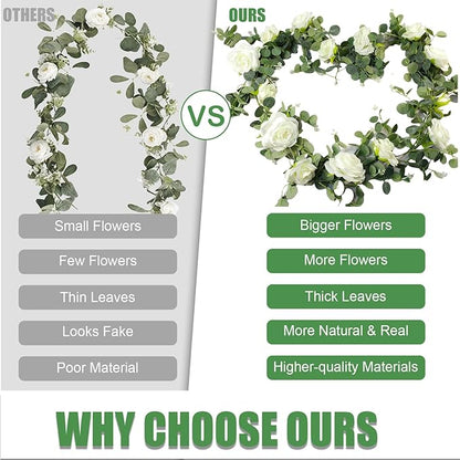 6FT Artificial Eucalyptus Garland with 14 Fake White Rose Flowers - Floral Greenery Decoration Vine for Wedding Centerpieces, Table Runner, Backdrop, Arch Wall Decor,Indoor/Outdoor (1 PCS)