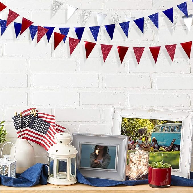 30 Ft Red Silver Blue Triangle Pennant Banner Bunting Hanging Paper Flag Garland for 4th of July American Independence Day USA National Day Patriotic Graduation Wedding Hen Party Decorations Supplies