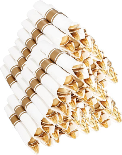 400PCS Pre Rolled Gold Plastic Silverware Sets - Heavy Duty Hammered Gold Cutlery Include 100 Pack Wrapped Disposable Utensils with Napkins for Parties, Dinners & Weddings