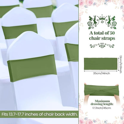 Kinlop 50 Pcs Spandex Chair Sashes Bows Chair Bands Slider Sashes for Covers Elastic Bands Ties Without Buckle Decorations for Wedding Party Events Ceremony Birthday (Moss Green)