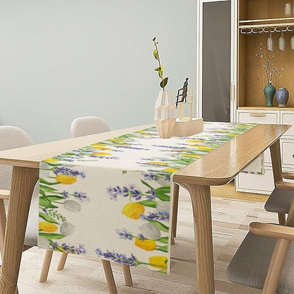 Floral Tulip Lavender Table Runner, Spring Watercolor Flower Plants Nature Butterfly Table Runner for Kitchen Dinner Living Room Home Party, 13x60 Inch