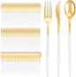 I00000 300 Pcs Gold Plastic Silverware - Gold Disposable Silverware - Premium White Cutlery Set Include 100 Forks 100 Knives 100 Spoons,Plastic Cutlery Party Set for Party & Wedding