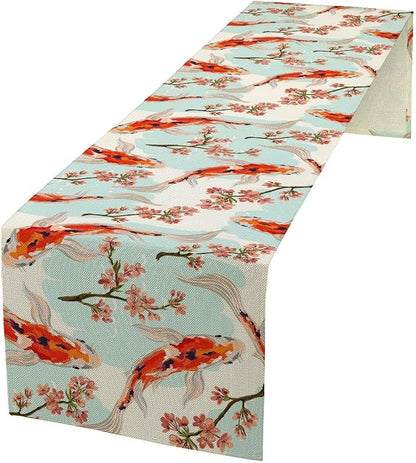 Japanese Kio Fish Table Runner Cherry Flower Art Printed Burlap Runner Home Kitchen Dining Table Living Room Decor Fabric 1 Panel W13xL108in