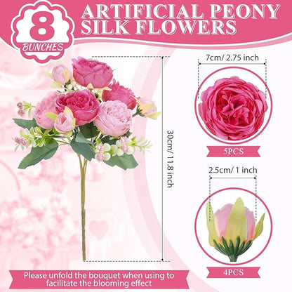 8 Bundles Artificial Peonies Flowers Boho Faux Flowers Arrangements Artificial Centerpiece Spring Bouquet Floral Wedding Decoration for Vase(Pink Series)