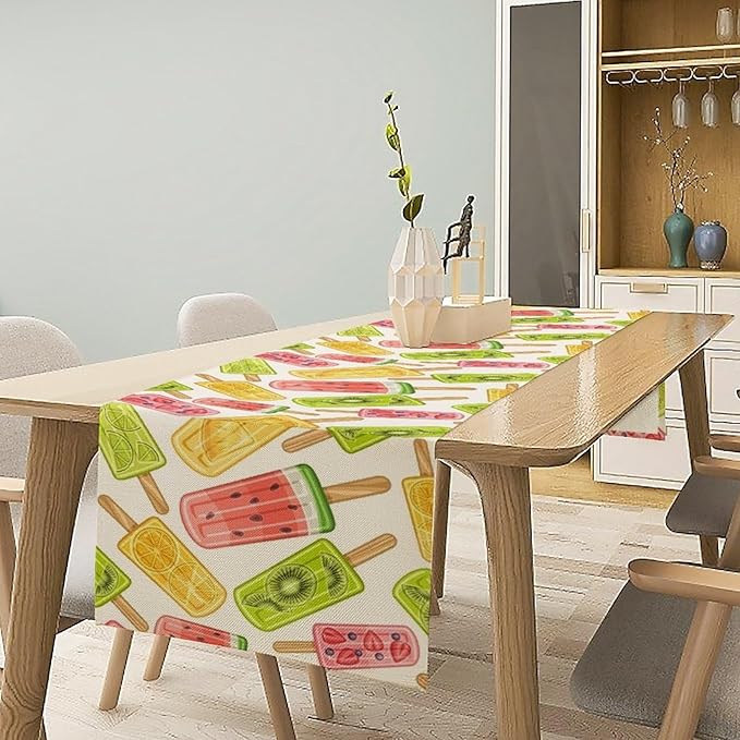 Ce Cream Table Runner, Cold Fruity Popsicles Summer Sweet Seasonal Dinner Runner for Party Holiday Home Kitchen Dining Table Decor 13"x70"