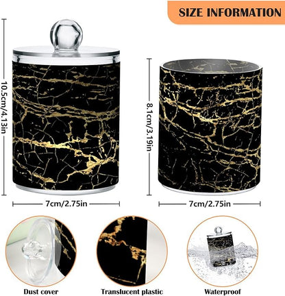 Qtip Holder Dispenser 2 Pack Gold Black Marbling Bathroom Decorative Storage Canister Holder Counter Vanity Organizer for Cotton Ball Swabs Pads Floss
