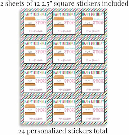 Custom & Personalized Many S'More Happy Birthday Gift Tag Sticker Labels, 24 2.5" Square Stickers by Amanda Creation