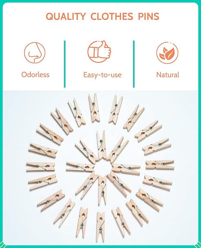 Mini Clothespins, Sopito 100 Pcs 1.4'' Strong Wooden Mini Clips for Photos with 10 Pcs Washi Tapes and 43 Ft Jute Twine, Colorful Small Clothes Pin for Picture, Crafts, Baby Shower