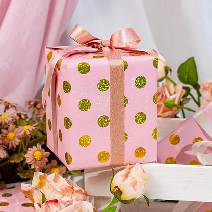 Burymento Pink Holographic Dots Wrapping Paper, Reversible Gold Gift Wrap for Birthday, Valentines, Mothers day, Graduation, Wedding, Fathers day, Baby Shower, Christmas (17in x 16.4ft)