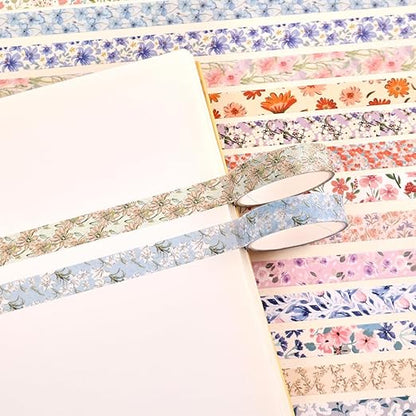 60 Rolls Flowers Theme Washi Tape Set with Different Colorful Patterns, Writable Decorative Tapes for Scrapbooking, Bible Journaling, Bullet Journaling, 0.39'' x 79'' per Roll