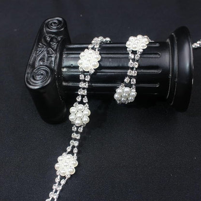PEARLY JUN 2 Yards Pearl Rhinestone Trim Chain Silver Crystal Fringe Diamond Applique Ribbon String Tassel Strip for Sewing Wedding Dress Crafting Crafts Flower Embellishments