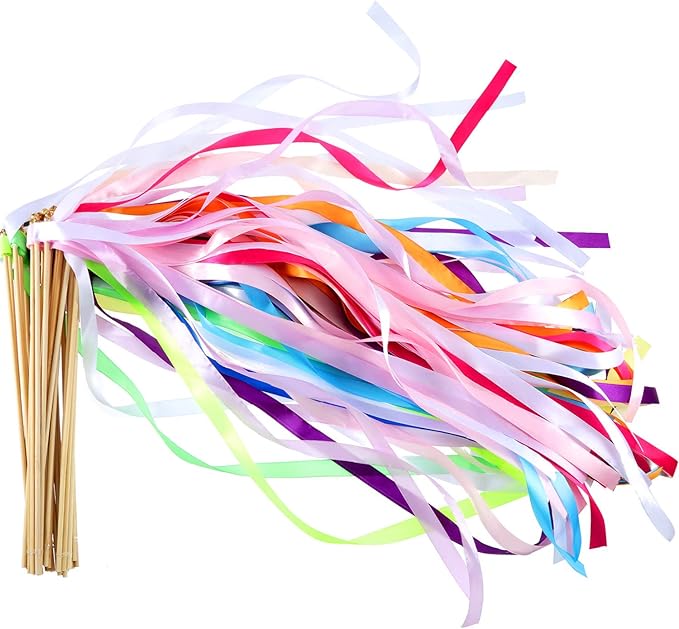 Boao 40 Pieces Mixed Color Ribbon Sticks with Bell, Ribbon Sticks for Stick Party, Streamers for Wedding Birthday Party Celebration Baby Shower Favors(Multicolor)