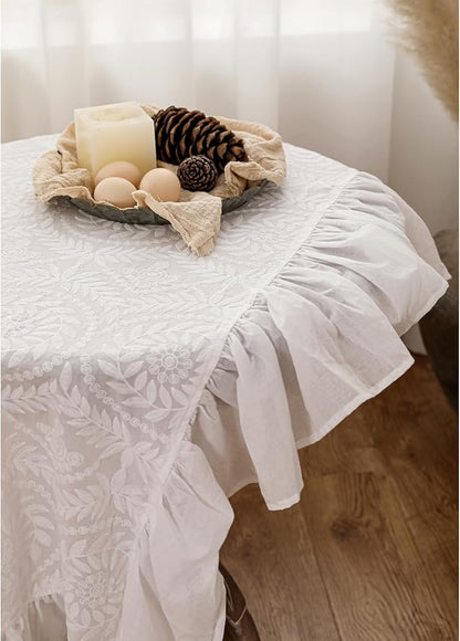 patdrea Vintage Ruffle Tablecloth for Rectangle Tables,Farmhouse Embroidered Cotton White Lace Table Cloth Cover Decor for Dining Room Wedding Banquet Thanksgiving Christmas,59"*83"