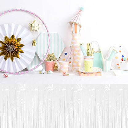3 Pack 29 x108 Inch Macaron White Foil Fringe Table Skirts Metallic Banner for Tinsel Streamer Garland Backdrop for Parade Floats Wedding Thanksgiving Birthday Christmas New Year Party Decoration