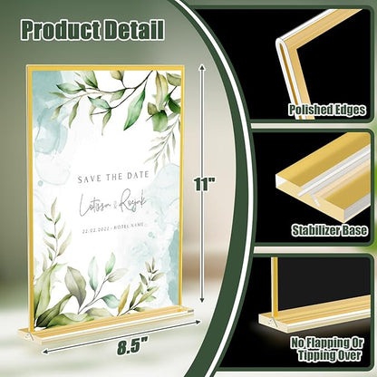 Acrylic Sign Holder 8.5 x 11,9 Pack Clear Sign Holder Double Sided Gold Table Menu Vertical Desktop Display Stand Paper Flyer Holder Tabletop Sign Holder Suitable for Restaurants, Office, Store,Hotels